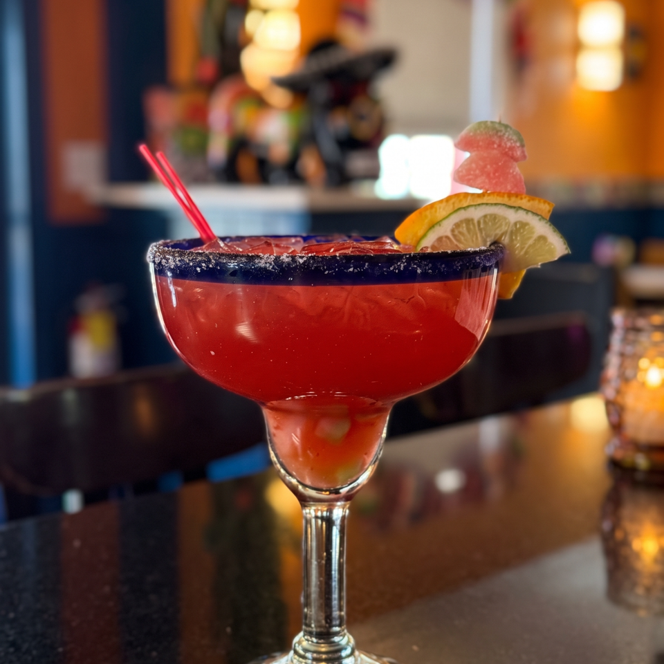 Red cocktail in a sugar-rimmed margarita glass, garnished with citrus slices and gummy candies at a warmly lit bar.