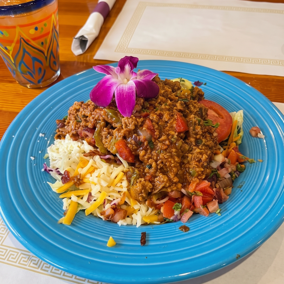 Blue plate of seasoned ground beef, rice, shredded cheese, salad, and vegetables garnished with a purple flower, beside an orange drink.
